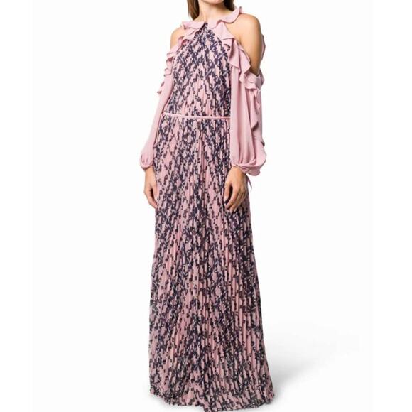 Self-Portrait Printed Frill Balloon Sleeve Cold Shoulder Pleated Maxi Dress - Picture 1 of 14